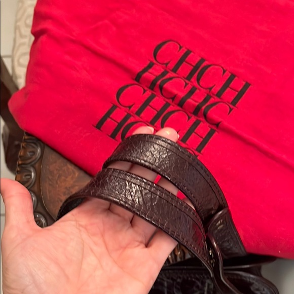 Carolina Herrera chocolate Brown Leather Bag monogram purse tote - Picture 7 of 10